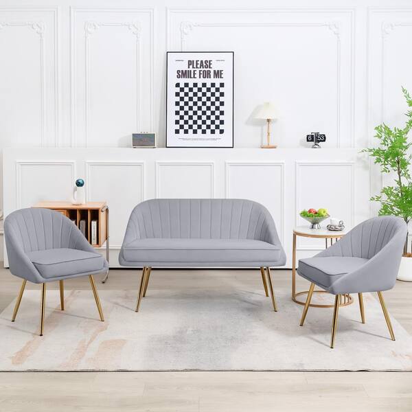 JEAREY 3-Piece Living Room Set with Brushed Velvet in Grey