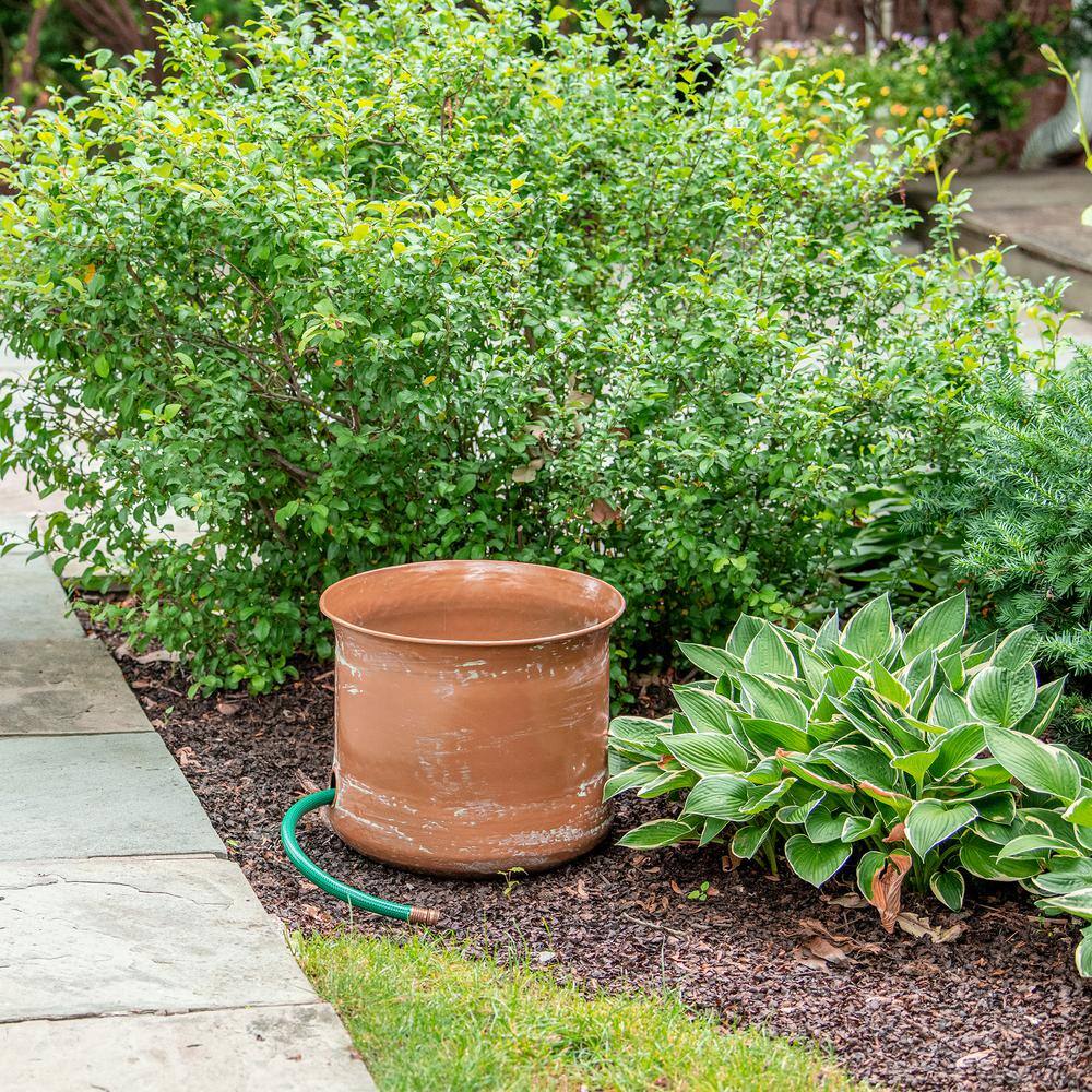 Copper Finish Cylinder Garden Hose Holder with Patina
