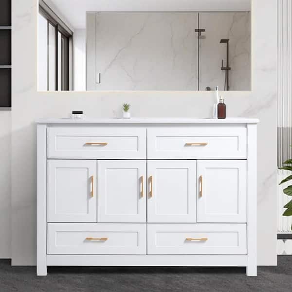 47.64 in. Single Sink Freestanding White Bath Vanity with White Ceramic Top, 4 Soft-Close Doors, 4 Drawer, Unassembled