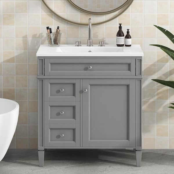 30 in. W Freestanding Single Sink Gray Bath Vanity with White Resin Top and a Tip-out Drawer