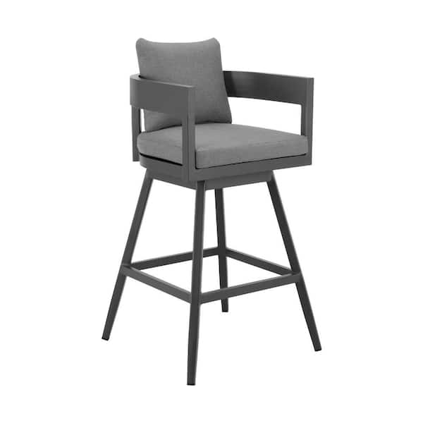 Benjara Enya Swivel Aluminum Outdoor Bar Stool with Gray Cushion