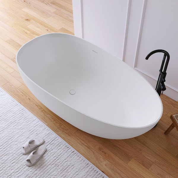 Luna 71 in. x 35 in. Stone Resin Solid Surface Matte Flatbottom Freestanding Soaking Bathtub in White