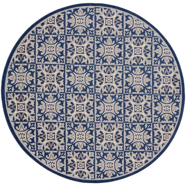 Nourison Aloha Blue 8 ft. x 8 ft. Geometric Moroccan Boho Tile Indoor/Outdoor Round Patio Area Rug