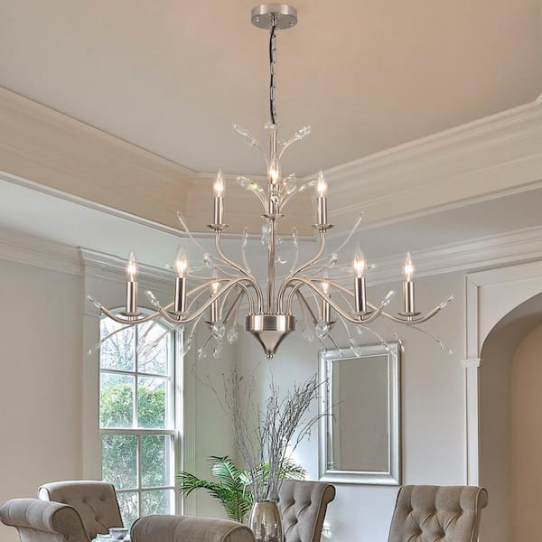 LLHZSY 22in. 9-Light Modern Nickle Tiered Candlestick Chandelier with Clear Crystal Accents