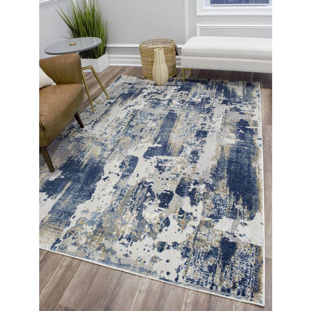 Sapphire Blue and Ivory Abstract Polyester Runner Rug