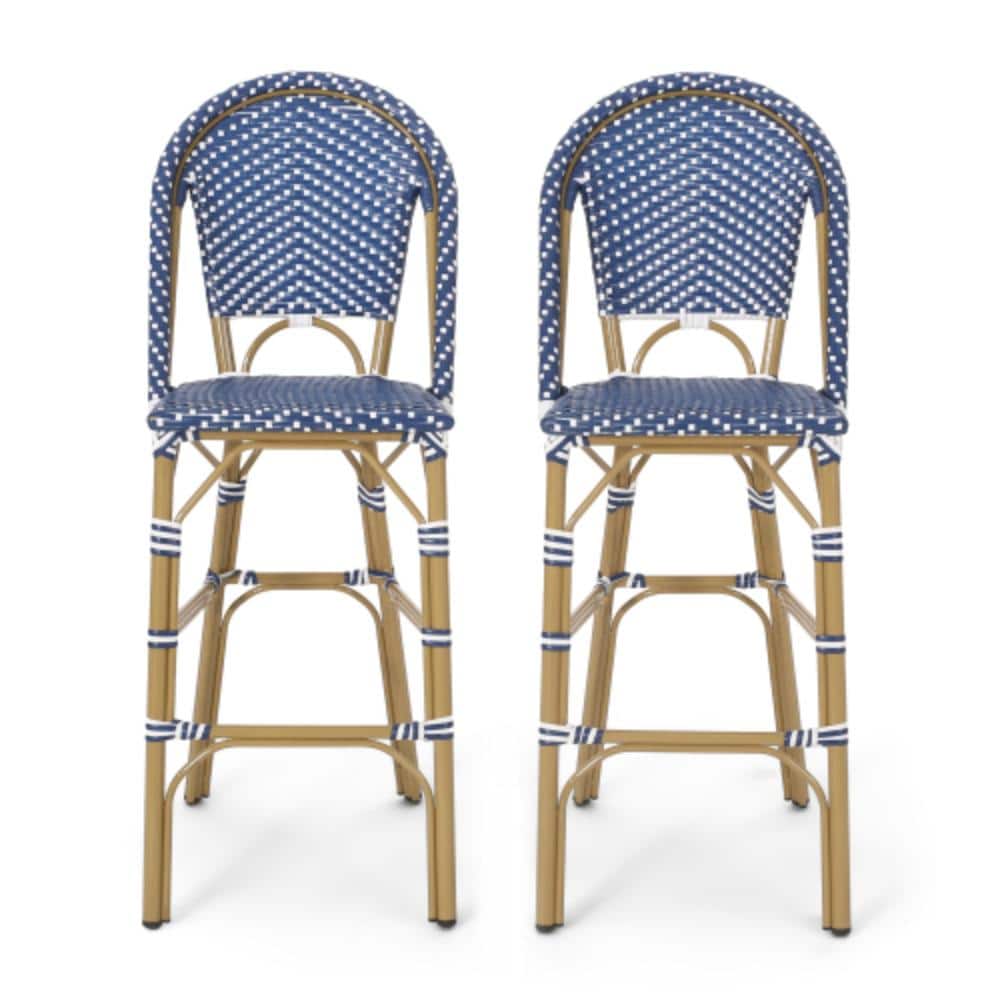 Riviera Set of 2 Aluminum 29.5 in. Patio Bar Stools with Backrest and PE Wicker Blue Bamboo Finish price history on PriceWatchPro
