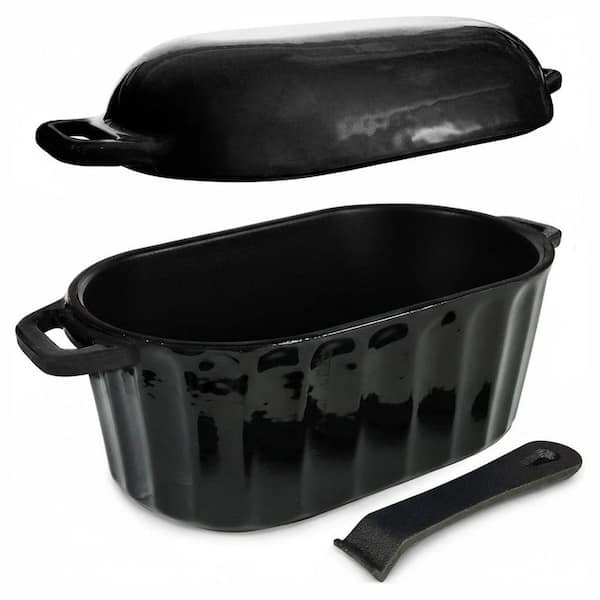 Enameled Cast Iron Oval Bread Pan with Lid Black Dishwasher Safe Sourdough Loaf Baking Pan for Oven Stove Induction