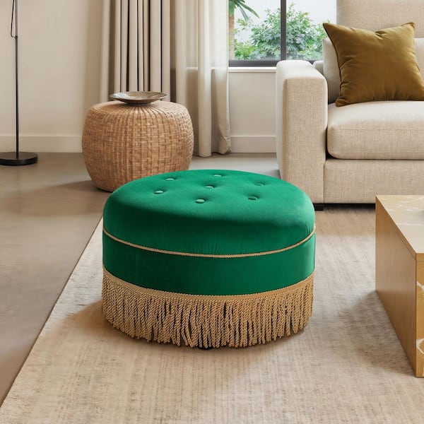 Yolanda 24 in. Ultramarine Green Velvet Round Accent Medium Ottoman