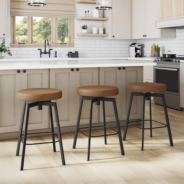 Tanner 30 in. Swivel Bar Stool - Tan Faux Leather/Black Metal