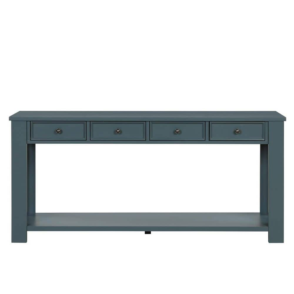 63 in. Blue Rectangle Pine Wood Console Table With 4-Drawers and 1 ...