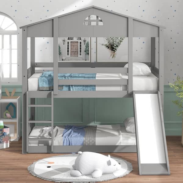 Qualler Gray Twin House Bunk Bed with Convertible Slide and Ladder