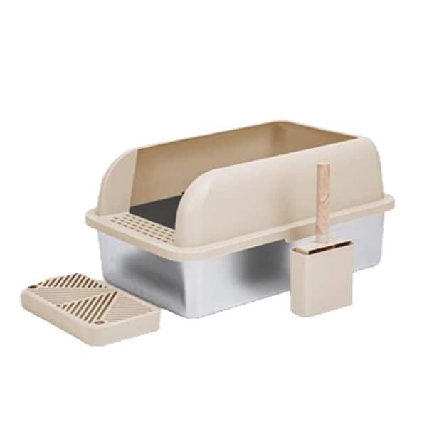 Extra Large Stainless Steel Cat Litter Box with Lid, Scoop, High Wall Enclosed, Anti-Leakage and Non-Stick Pan, Beige