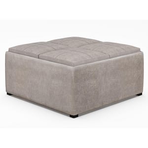 Avalon 35 in. Wide Contemporary Square Coffee Table Storage Ottoman in Distressed Grey Taupe Faux Leather