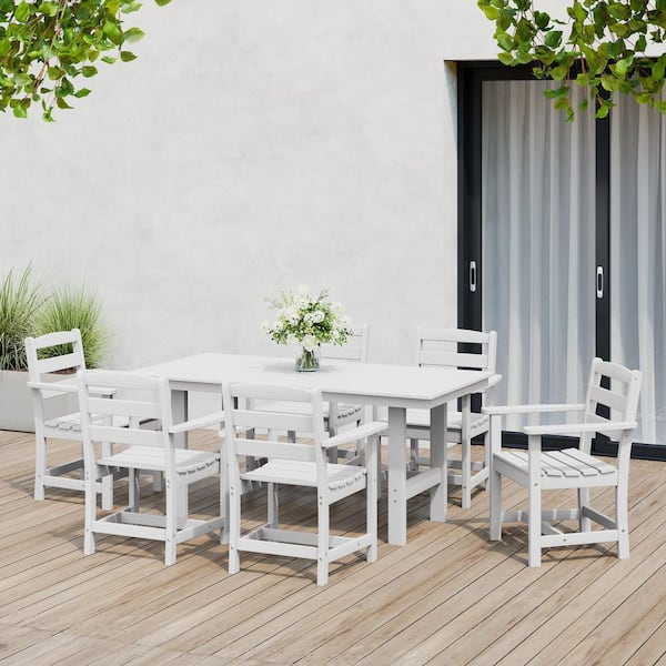 Shoreside 7-Piece All Weather HDPE Plastic Outdoor Patio Dining Set w/ Armchairs, White