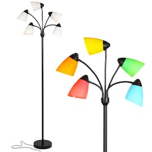 Medusa 74 in. Classic Black Modern 5-Light Height Adjustable Gooseneck LED Floor Lamp with 5 Multicolored Cone Shades