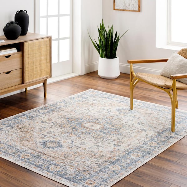 Lillian Sky Blue/Beige Medallion 5 ft. x 7 ft. Machine-Washable Indoor Area Rug