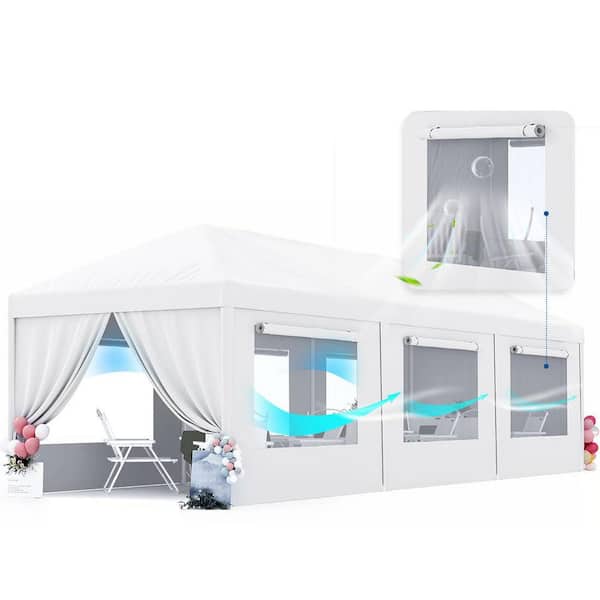 10 ft. x 30 ft. Heavy Duty Outdoor Party Tent w/6 Removable Mesh Windows and Ventilation, Waterproof Canopy Tent-White