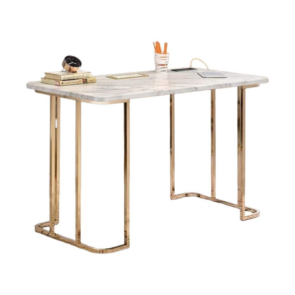 Lamina 23.63 in. Rectangular Gold/White Faux Marble Desk with USB Ports, Power Outlets, and Gold-Plated Frame