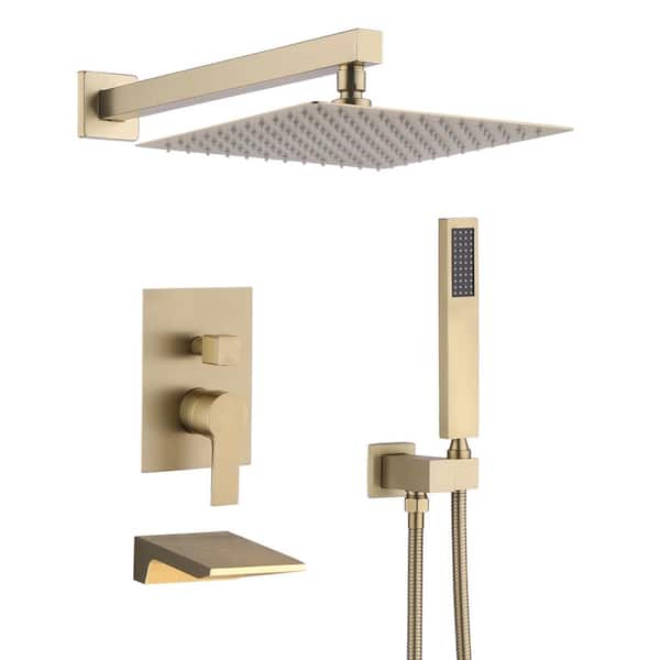YONKI SUNSHIN INC Single Handle 2-Spray Patterns 2 Showerheads Shower Faucet Set 1.8 GPM with High Pressure Hand Shower in Brushed Gold