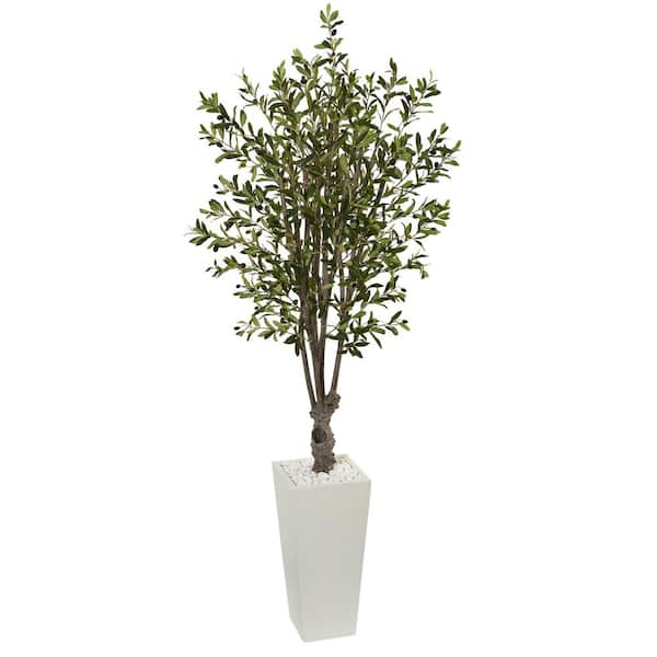 Nearly Natural 6 Ft Olive Artificial Tree In White Tower Planter 5832 The Home Depot