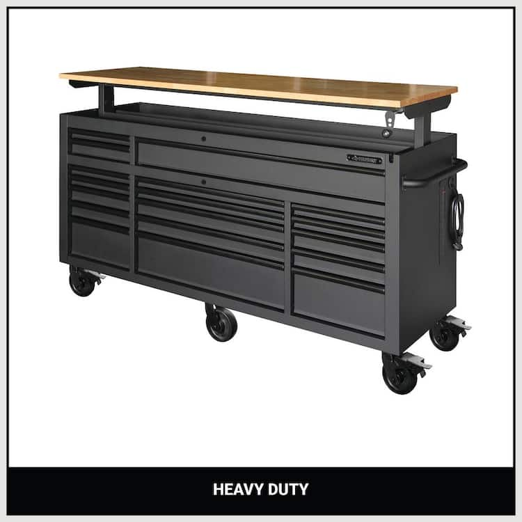 Husky 72 in. W x 24 in. D Heavy Duty 18-Drawer Mobile Workbench Cabinet with Adjustable-Height Hardwood Top in Matte Black