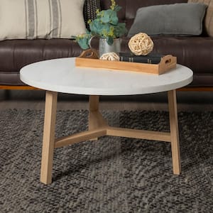 30 in. White/Light Oak Medium Round Faux Marble Coffee Table
