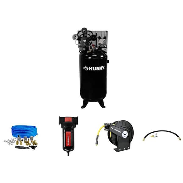 80 Gal. 3-Cylinder Air Compressor, Piping, Filter, Hose Reel and Install Kit