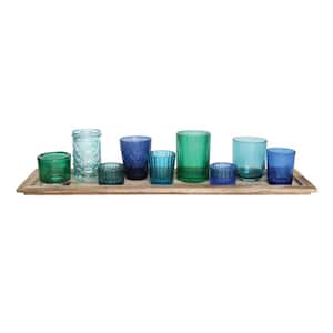 Blue and Green Glass Candle Holders on a Wood Tray (Set of 9)