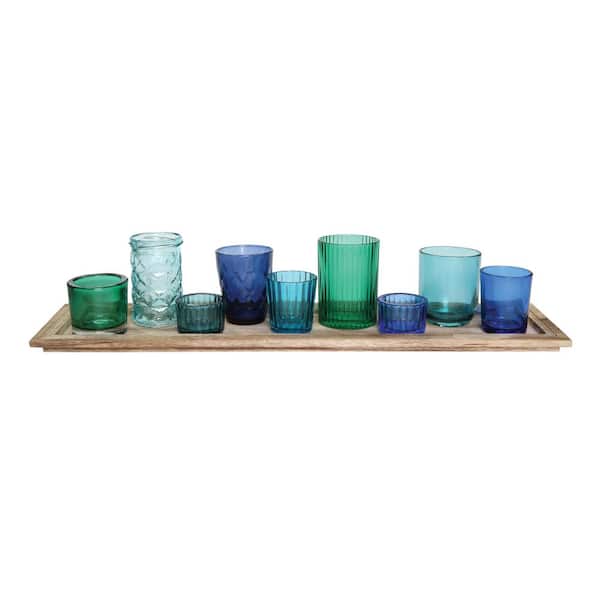 Storied Home Blue and Green Glass Candle Holders on a Wood Tray (Set of 9)