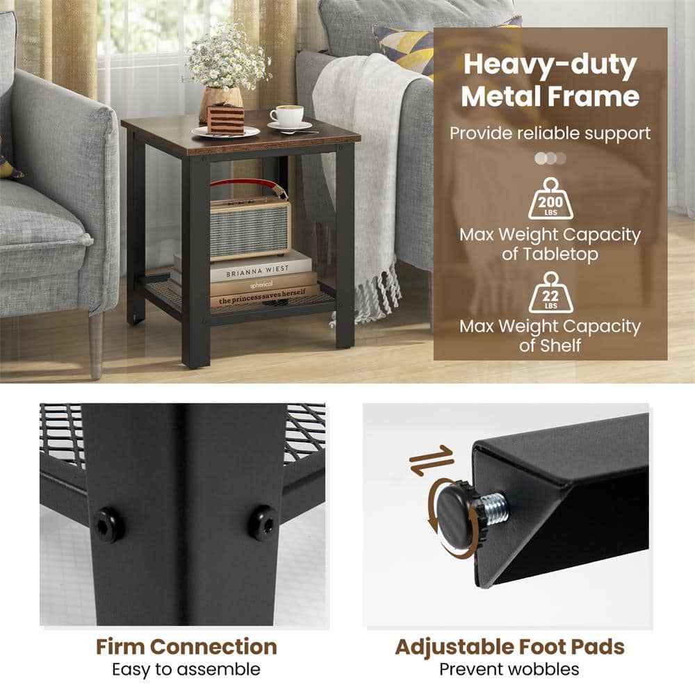 Industrial Black Metal and Wood 2-Tier End Table
