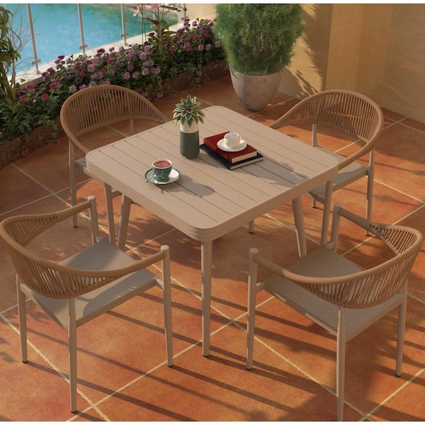 TWT Set of 4 Brown Rattan Stack Outdoor Dining Chair with Breathable Textilene Seat Fabric for Patio Bistro Restaurant