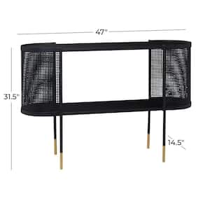 47 in. Black Extra Large Oval Metal Mesh Side Panel 1 Shelf Console Table with Open Center Storage