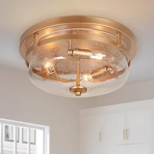 Brass Gold Drum Flush Mount Light Modern Circle 3-Light Ceiling Lighting with Clear Seeded Glass Shade for Entry Kitchen