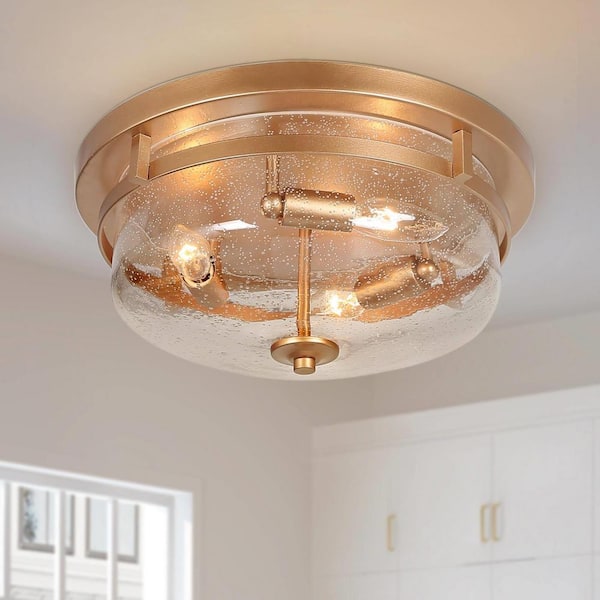 LNC Brass Gold Drum Flush Mount Light Modern Circle 3-Light Ceiling Lighting with Clear Seeded Glass Shade for Entry Kitchen