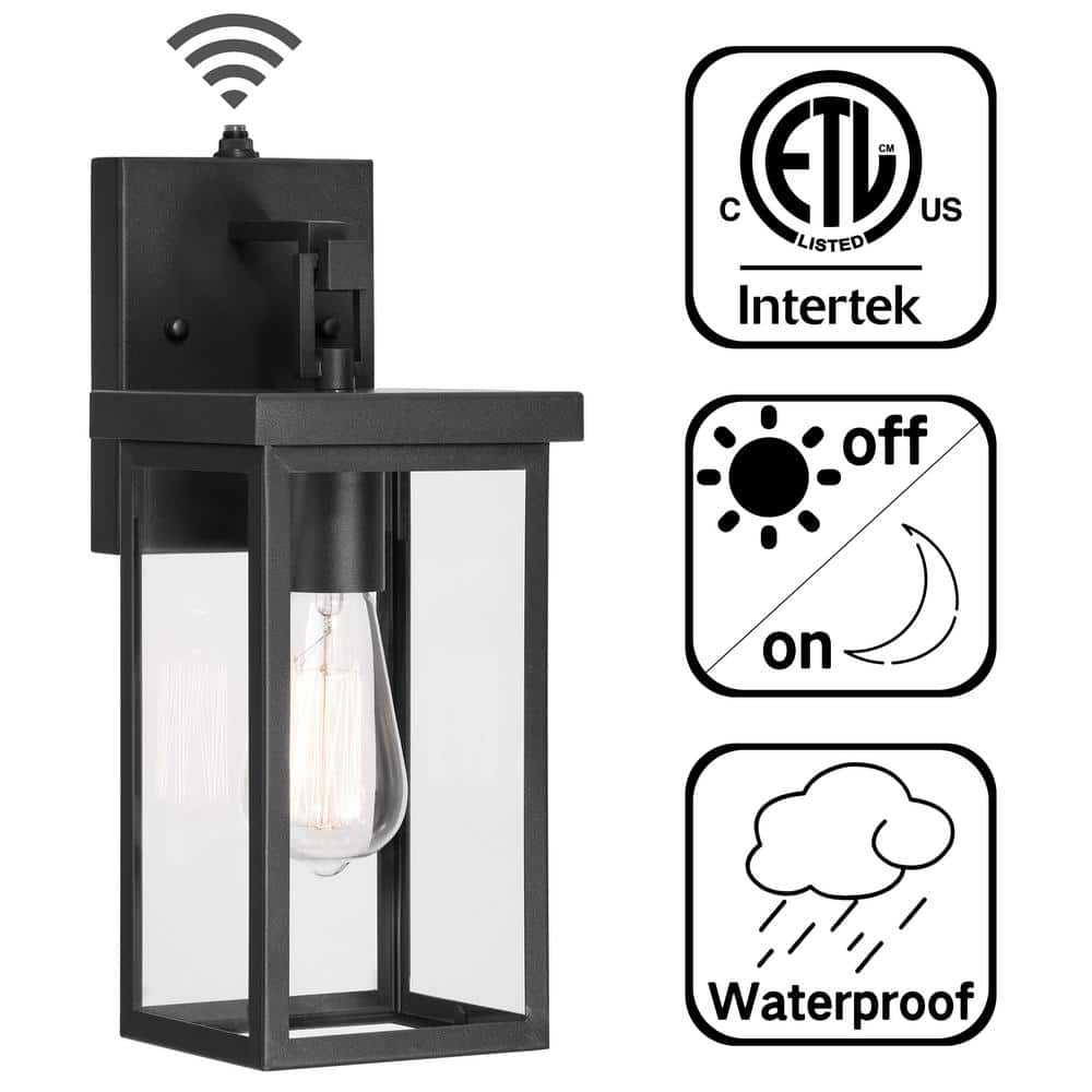 Black Metal and Glass Outdoor Wall Lantern Sconce with Photocell