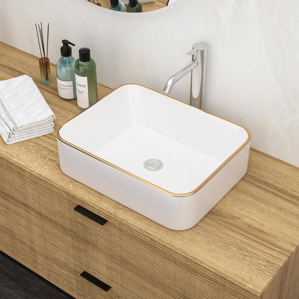 19x15 Inch White Ceramic Rectangular Vessel Bathroom Sink with Gold Trim