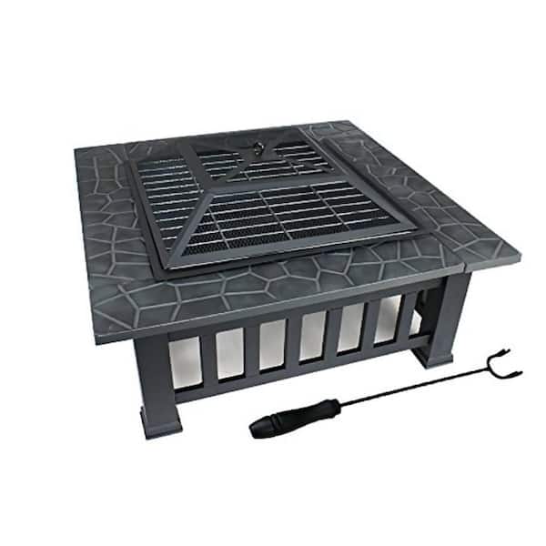Tidoin 32 in. W x 17 in. H Outdoor Square Metal Patio Fire Pit with Cover and Stove Poker