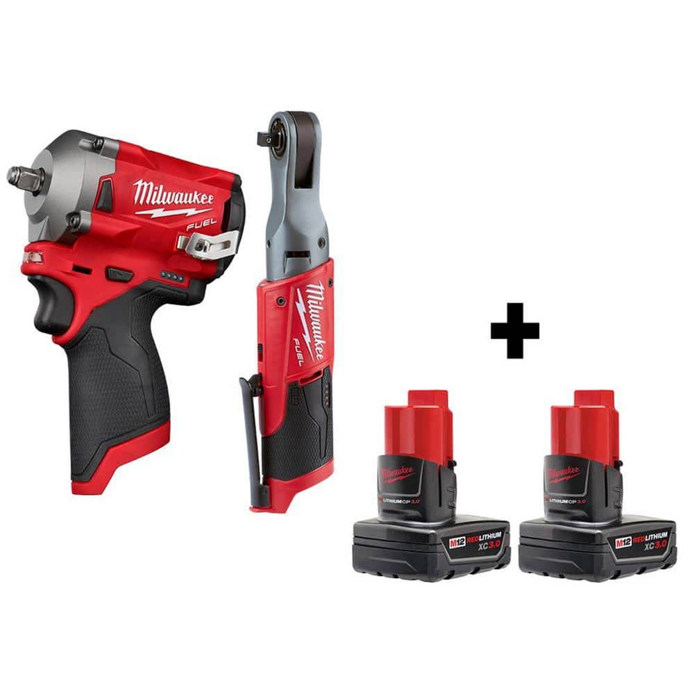 Milwaukee M12 FUEL 12V Lithium-Ion Brushless Cordless Stubby 3/8 in. Impact  Wrench  3/8 in. Ratchet with two 3.0 Ah Batteries  2554-20-2557-20-48-11-2412 The Home Depot