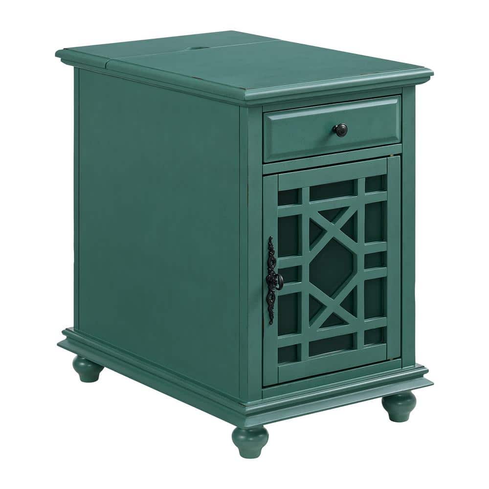 Antique Teal Parisian-Inspired Chairside Table with Power