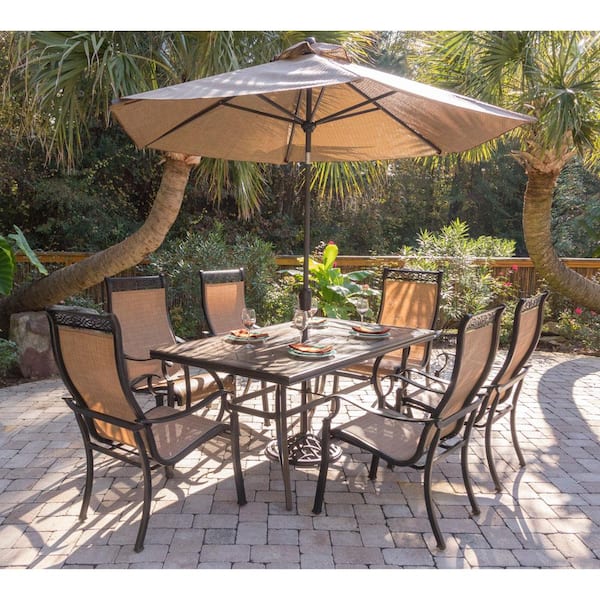 Hanover 7 Piece Outdoor Dining Set With Rectangular Tile Top Table And Contoured Sling Stationary Chairs Umbrella Base Mondn7pc Su The Home Depot - Patio Dining Sets With Umbrella Home Depot