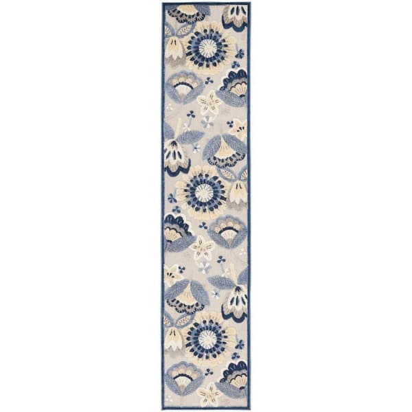 HomeRoots Charlie 2 X 12 ft. Blue and Grey Floral Indoor/Outdoor Area Rug