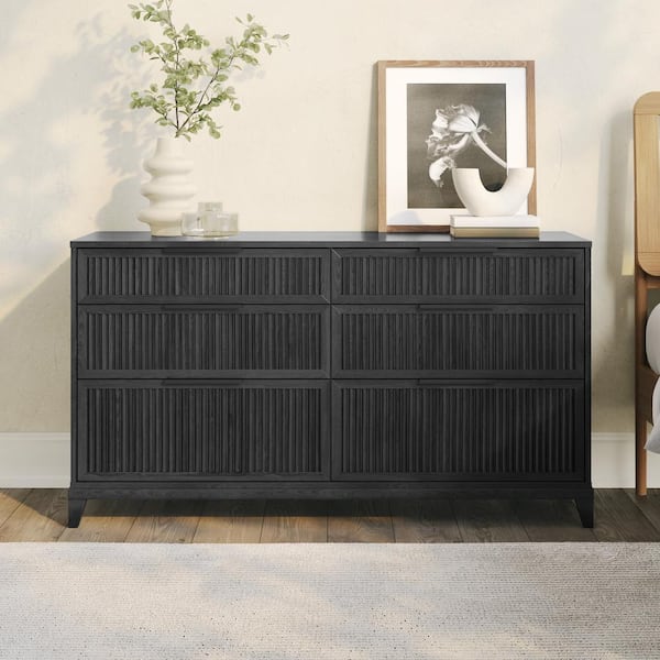 Walker Edison Furniture Company 6-Drawer 56 in W Black Solid Wood Transitional Reeded Dresser