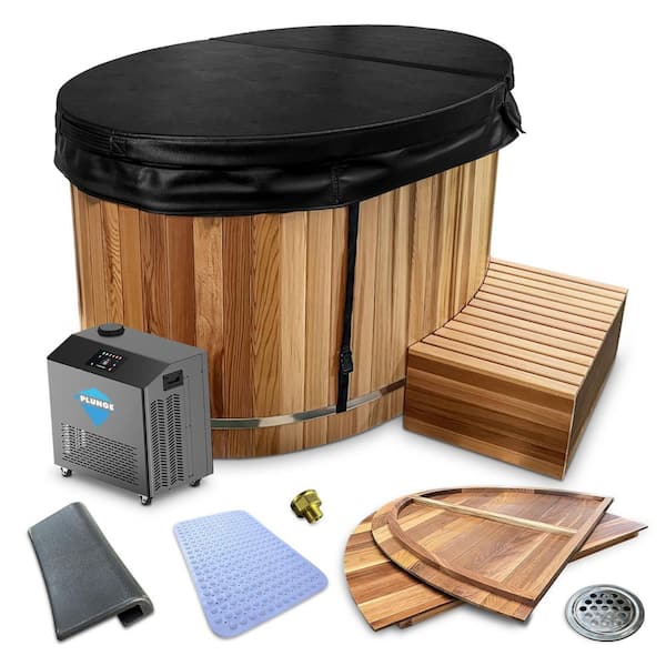62 in. 1-Person 0-Jet Cedar Cold Plunge  Ice Bath Tub/Hot Tub with 1 HP Powerful Chiller and Heater in Natural Finish