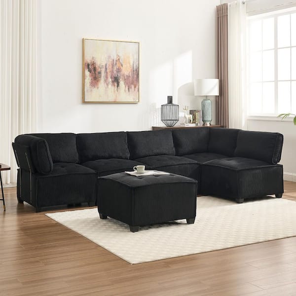 122 in. Square 6-Piece U-Shaped Corduroy Modern Sectional Sofa in Black with Moveable Ottoman