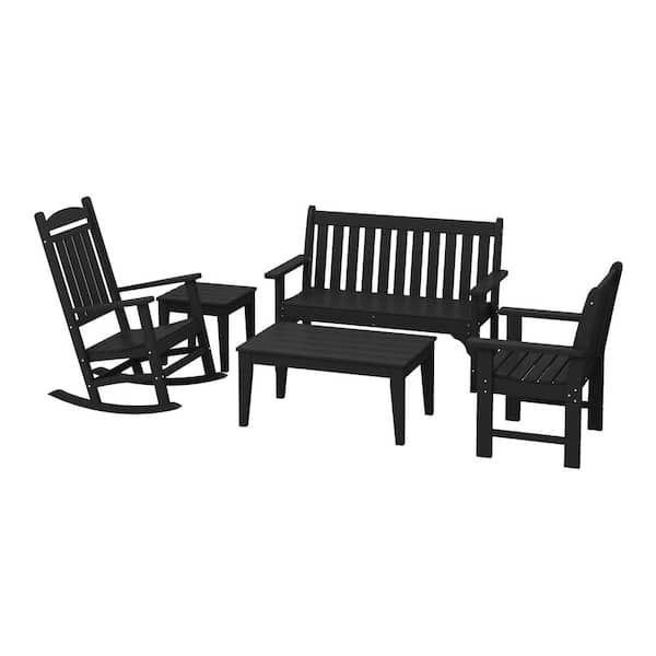 WESTIN OUTDOOR Laguna Outdoor Patio HDPE All Weather Fade Resistant 5-Piece Bench and Rocking Chair Conversation Set in Black