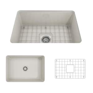Sotto Undermount Fireclay 27 in. Single Bowl Kitchen Sink with Bottom Grid and Strainer in Biscuit