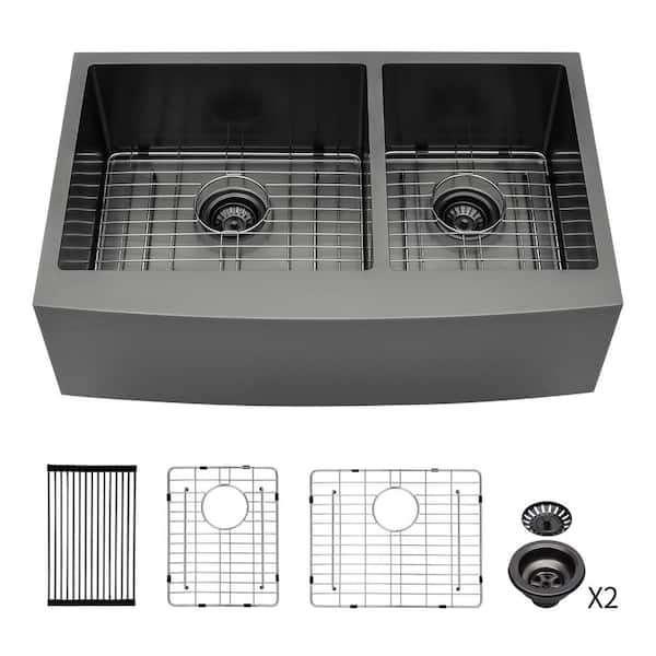 36 in. Drop-In Double Bowl 16-Gauge Gunmetal Black Stainless Steel Kitchen Sink with Drain Assembly and Drying Rack