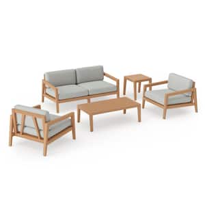 Rhodes 4-Seater 5-Piece Teak Outdoor Patio Conversation Set With Cast Silver Cushions
