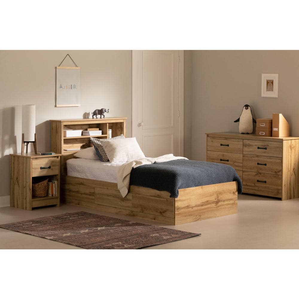 Nordik Oak Twin Platform Bed with Headboard and Storage Drawers