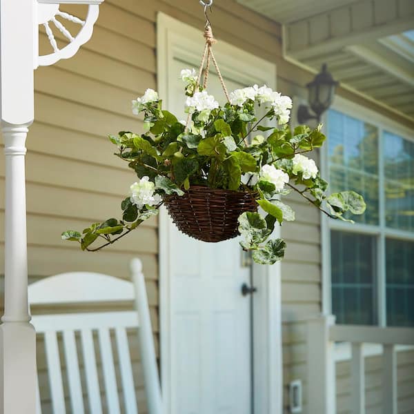 Pure Garden White Artificial Geranium Flower Arrangement with Hanging Basket